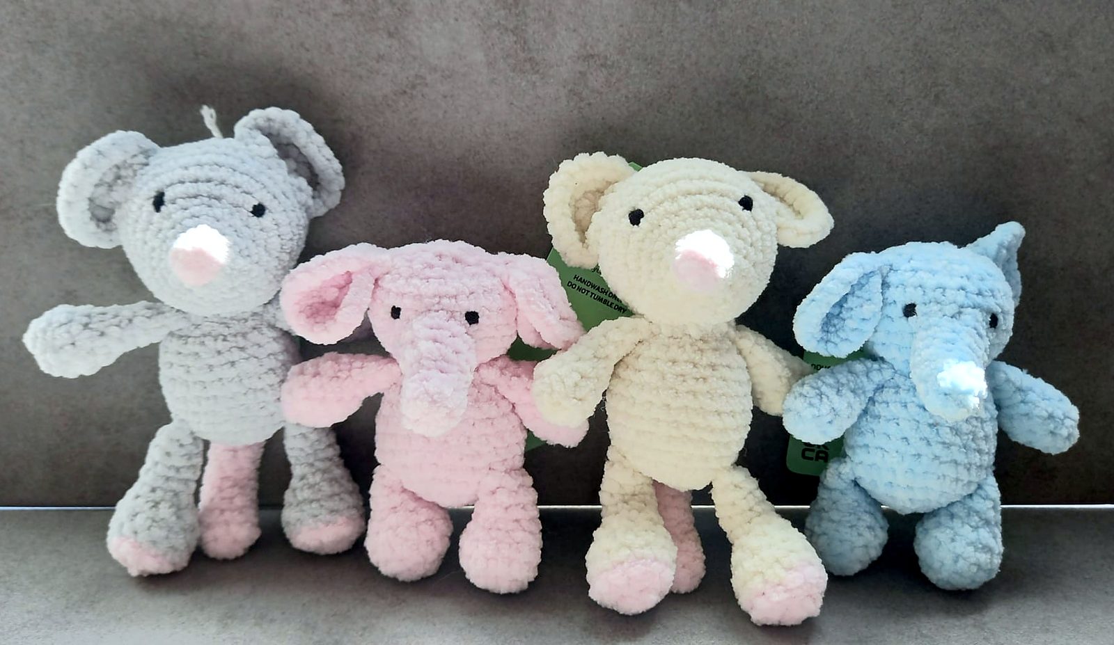 Four soft crocheted elephants and mice